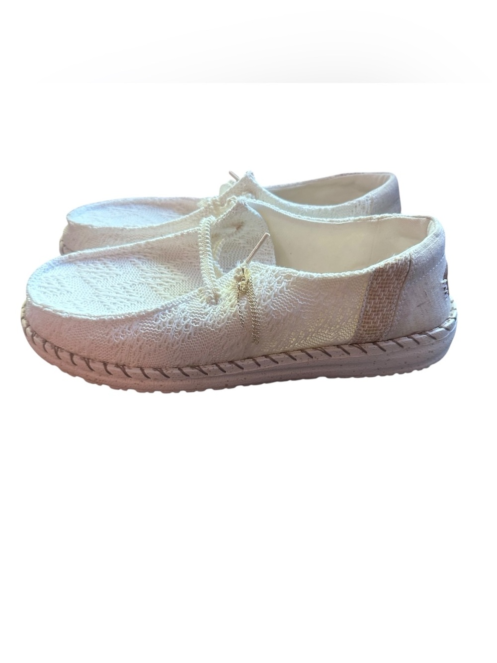 HEYDUDE Wendy Boho Knit Casual Shoes for Ladies - White - 9 Gold Charm